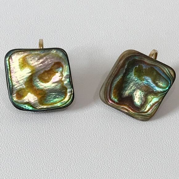 Vintage Abalone Shell Square Abstract Modernist Clip On Earrings Gold Tone - Picture 2 of 9